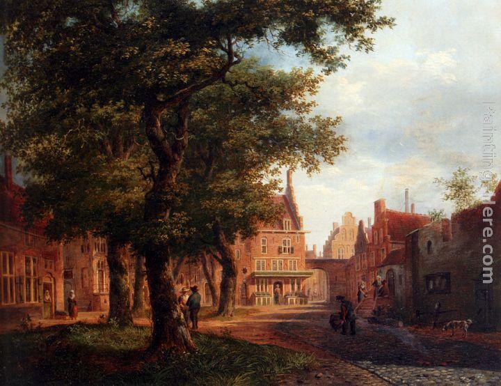 Bartholomeus Johannes Van Hove A Village Square With Villagers Conversing Under Trees